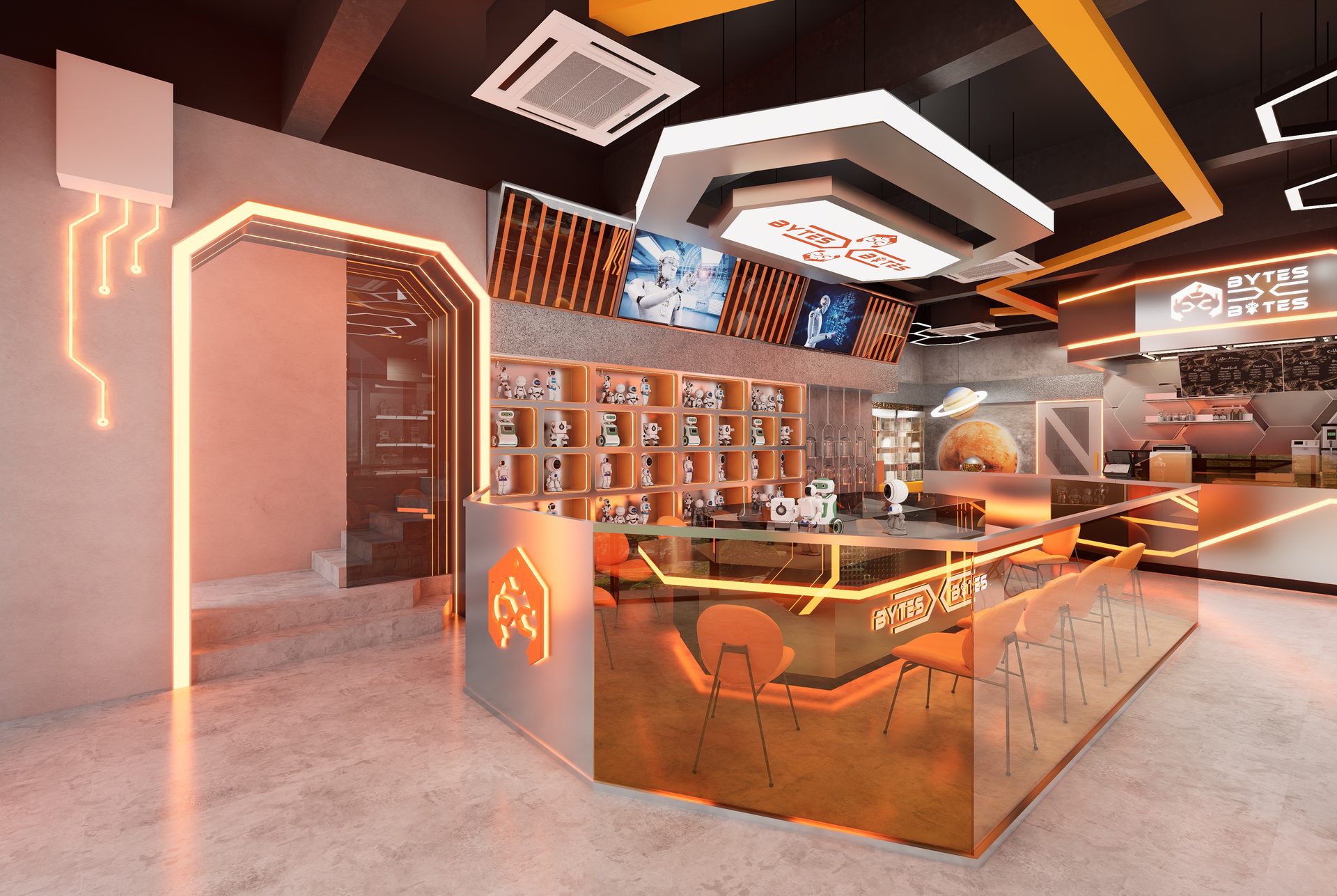 Inside the BXB Futurelabs hub — neon-orange architecture, robot displays, and study counters.